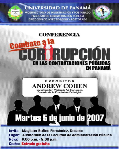 Spanish poster about a conference and speech by Andrew Cohen