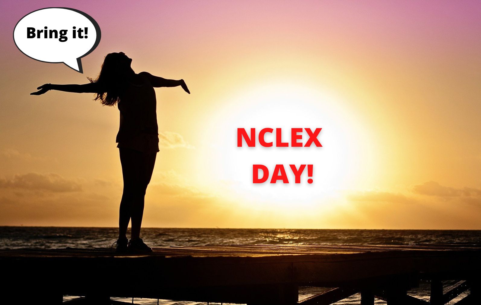 Girl in front of sunset; strategy for NCLEX