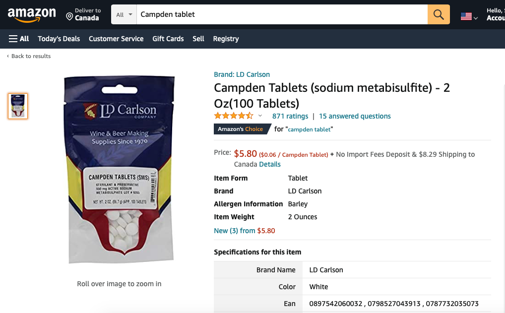 Campden tablets on Amazon to make wine at home