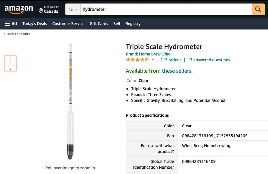 Hydrometer on Amazon to make wine at home